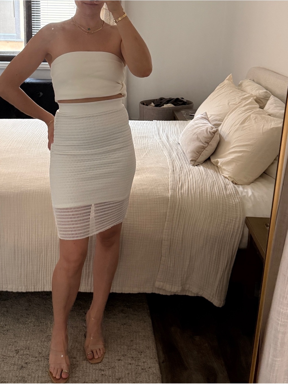 High-Waist White Knit Pencil Midi Skirt Sheer Crochet Overlay XS